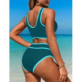 YACUN Womens High Waisted Bikini Sets Two Piece Color Block Bathing Suits Deep V Neck Swimsuits Teal Blue XL