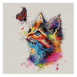 Xinpinzhou Colorful Cat 11ct Cross Stitch Kits, 11 CT Funny Pre Printed Counted Stamped Cross Stitch Embroidery Needlepoint Needlework Patterns Kits for Beginners Adults Animal Crossstitch 36x36 cm