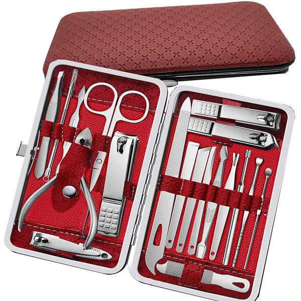ibforcty Manicure Set Nail Set Nail Clipper Kit Professional - Stainless Steel Pedicure Set Nail Grooming Kit of 19pcs with Luxury PU Leather (Red)