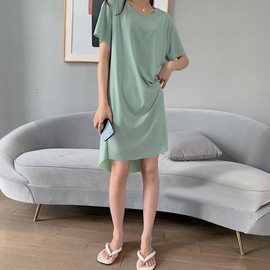 House Yayoi Women's Room Dress, Pajamas, Summer, Short Sleeve, Indoor Wear, Women's, Sleepwear, Relax, Loungewear, Simple, Plain, Birthday, Round Neck, Thin, One Size Fits All, green