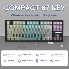 ATTACK SHARK M87 PRO Wireless Mechanical Gaming Keyboard,Hot Swappable Gasket RGB Custom Keyboard,Linear Switch&Side Printed PBT Keycaps,BT5.0/2.4Ghz/Type-C,5000mAh Battery for Win Mac(Moonlight)