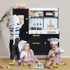TODEFULL Play Kitchen for Kids, Wooden Kids Kitchen Playset with Lights and Sounds, Children Pretend Toy Kitchen Playset w/Stove, Oven & Ice Maker, Little Chef Play Kitchen for Girls and Boys (Black)