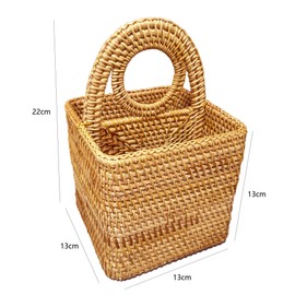 i-lan Handwoven Rattan Square 2-Compartment Storage Box Cosmetics Desk Organizer Utensil and Handicrafts Home Decorative Serving Basket Remote Control Holder