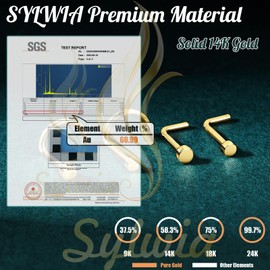 SYLWIA 14K Real Gold Nose Studs, 18G 20G Solid Gold L-Shaped Nose Rings, 2/2.5MM Ball Cute Nose Stud Ring Hypoallergenic Nose Piercings for Women Men (Corkscrew,18g,2.5mm)