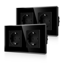 CNBINGO Glass Double Socket Flush-Mounted in Black - Double Schuko Socket with Child Lock - 16 Amp Protective Contact Wall Socket with Glass Frame Pack of 2