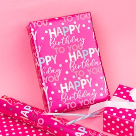 MAYPLUSS Reversible Birthday Wrapping Paper Roll Mini Roll 17.3in x 32.8FT Rose Red Happy Birthday Letter Glitter Metallic Foil (47.3 sqft) for Boys Girls Kids Women Holiday Party Baby Shower