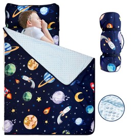 Toddler Nap Mat with Removable Pillow and Soft Dot Minky Blanket, Pea Pod Kids Napping Mats Rockets Space Rolled Slumber Bags for Boys Preschool, Daycare, Camping 22 x 54inch Ages 3-7 Years, Navy Blue
