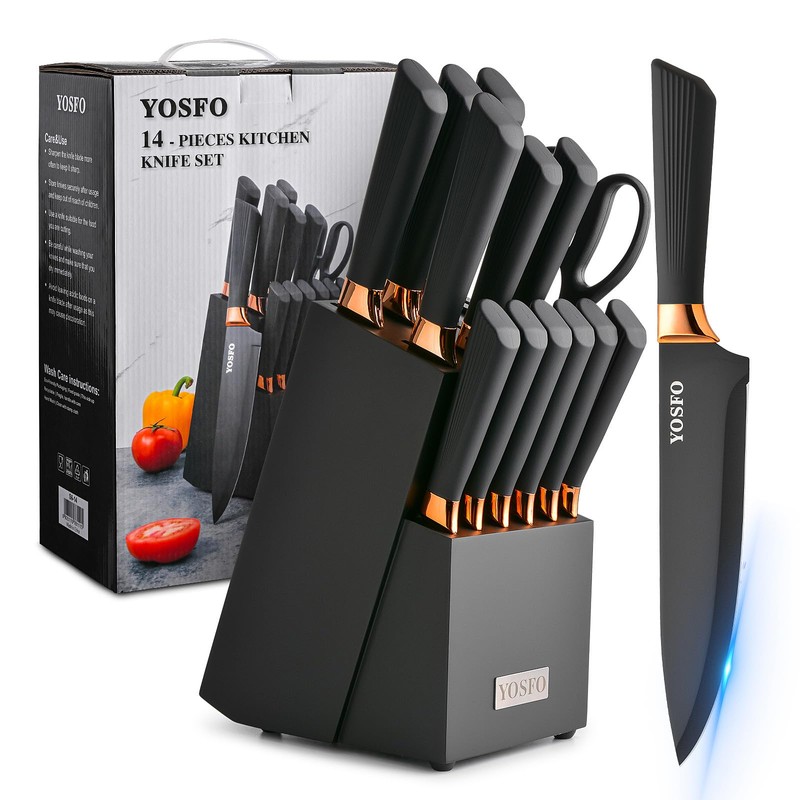 YOSFO Kitchen Knife Set,15 Pcs Knife Set with Block and