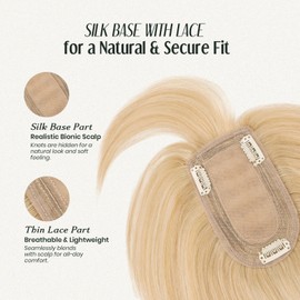 MY-LADY Hair Topper for Women Human Hair Loss Thin 7 * 13CM Silk Base with Lace Clip in Real Remy Hairpieces with Bangs 150% Density 6 Inch Ash Blonde & Bleach Blonde