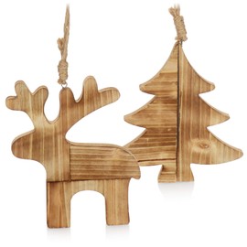 com-four® 2-Piece Wooden Hanging Decoration Set - Decoration for Hanging in Elk Shape and Christmas Tree Shape - Christmas Wall Decoration (02 Pieces - Reindeer. Christmas Tree)