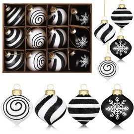Realspring 12 Pcs Christmas Ball Ornament Black and White Glittering Hanging Xmas Balls for Tree Classic Peppermint Candy Ornament Set Christmas Candy Cane Decorations Mini Glass Ornaments