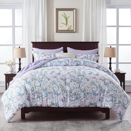 La Sheer Purple Queen Comforter Set 3 Piece,All Season Ultra Soft Lightweight Down Alternative Reversible Floral Bedding Set with Comforter,Pillow Shams