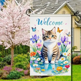 BlissYard Spring Garden Flag 12x18 Double-Sided Cute Cat with Butterflies and Colorful Floral Design Spring Decoration for Seasonal Outdoor Décor, Yard, Porch, Patio, and Garden Decorations