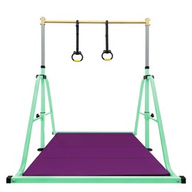 Peakpath Foldable Gymnastics Kip Bar with Mat and Ring Set,3' to 5' Height Adjustable,Kids Gymnastic Equipment for Ages 3-15,Indoor and Home Training- Max Load 260LBS