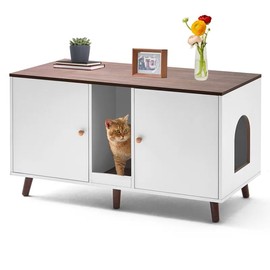 JanflyHome Double Litter Box Enclosure for 2 Cats, Hidden Furniture with Scratching Pad & Storage, End Table Side Table TV Stand Cat Litter Box Furniture, White