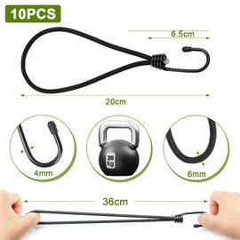DRERIO Bungee Cords with Hooks 10 Pcs Small Elastic Straps 20 cm Heavy Duty Bungee Straps with Metal Hooks, Black Elastic Straps Short Bundy Cord for Tarpaulins, Tents, Hiking, Climbing (Black)