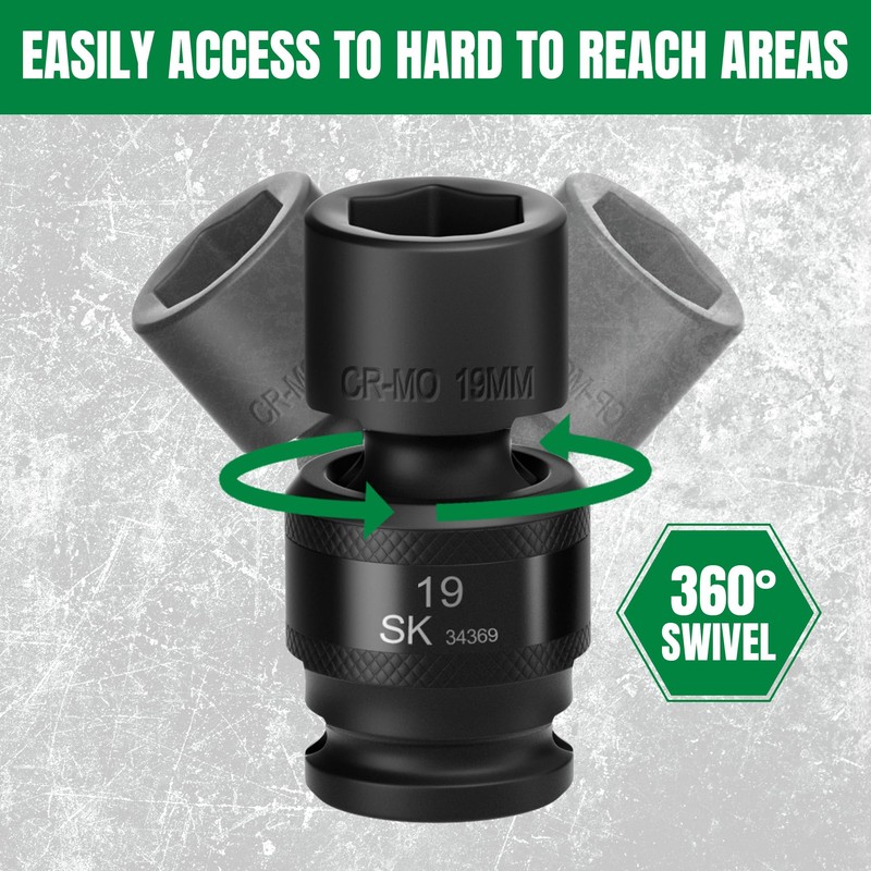 SK 1/2" Drive Universal Swivel Impact Socket Set, Metric Socket