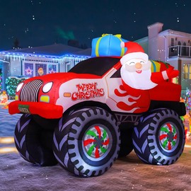 COMIN 7.5 FT Length Christmas Inflatables Truck Outdoor Decoration Blow Up Santa Claus with presents on Truck with Built-in LEDs for Yard Lawn Garden Decorations
