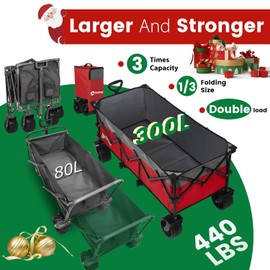 Sekey 48''L Collapsible Foldable Extended Wagon with 440lbs Weight Capacity, Heavy Duty 300L Folding Utility Garden Cart with Big All-Terrain Beach Wheels & Drink Holders. Red&Grey