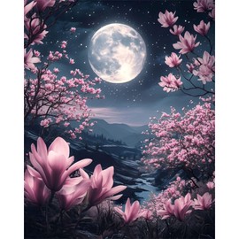 Pujeknm Paint by Numbers Adult Moon DIY Landscape Hand Painted Oil Painting Kit for Beginners, with 3 Brushes and Acrylic Paint, Hand Painted Oil Painting Kit as a Gift, 40 x 50 cm (Frameless)