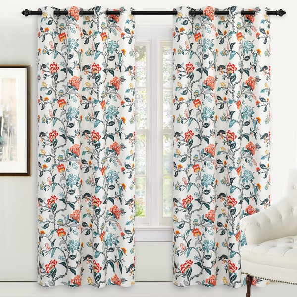 DriftAway Ada Floral Botanical Print Flower Leaf Lined Thermal Insulated Room Darkening Blackout Grommet Window Curtains 2 Layers Set of 2 Panels Each 52 Inch by 96 Inch Ivory Orange Teal