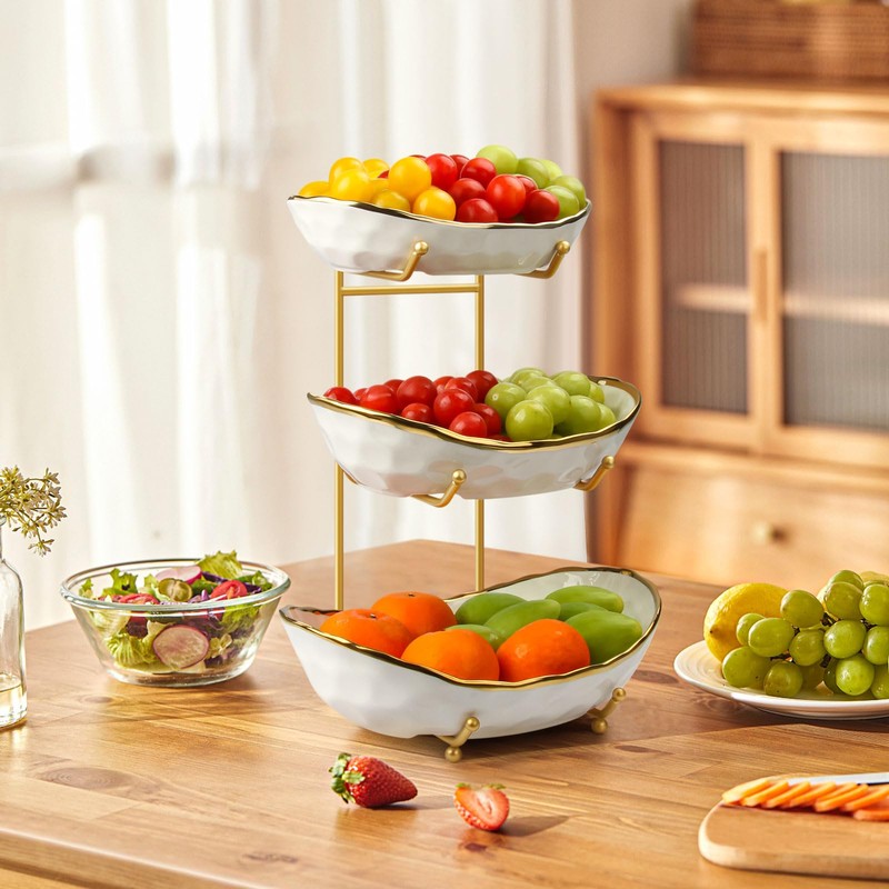 Fruit Bowl for Kitchen Counter - 3 Tier Ceramic Serving