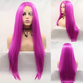 Angle Lucky Hot Purple Synthetic Lace Front Wig Long Straight pink Purple Lace Front Wig Heat Resistant Fiber Natural Hairline Hair Wig for Fashion Women 24inch