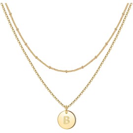 Minegreet Gold Initial Necklaces for Women,14K Gold Filled Hammered Gold Coin Necklaces for Women Initial Necklace Layered Initial Necklaces for Women Teen Girl Jewelry(B)