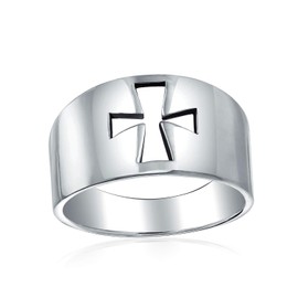 Simple Religious Saint John Christian Wide Cut-out Cross Signet Ring For Women Teens Men .925 Sterling Silver Shinny Polished