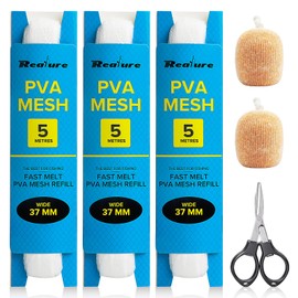 Realure Pack of 3 5M PVA Net Fishing Refill 25 mm/37 mm/44 mm Wide PVA Mesh Carp Accessories with Scissors, Quick Melting PVA Bag Fishing PVA Bags for Boilie Bait Feed