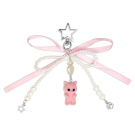 Nalefow Cute Pink Pearl Bow Keychain Fuzzy Dog Cat Keychains Aesthetic Y2K Bag Charm Key Chains Accessories for Car Keys Bags (Pink)
