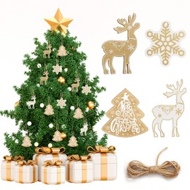 Belle Vous Set of 24 Christmas Tree Pendants Wooden Decoration Set - 4 Christmas Pendants Wooden Designs in Reindeer, Snowflake and Christmas Tree Shape with String - Christmas Tree Decorations Wood