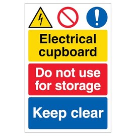 V Safety Electrical cupboard/Do not use for storage/Keep clear 150 x 200mm - 2mm Rigid Plastic Safety Sign