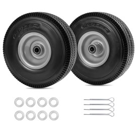 Parts Camp 10 inch wheel 4.10/3.50-4" Flat Free Tire and Wheel 10" Solid Tire for Gorilla Cart Hand Truck Garden Wagon Trolley Dolly tire replacement -5/8" Axle Bore Hole, 2 1/4"Offset Hub (2 Pack)