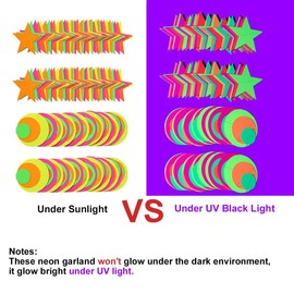 52ft Neon Star Circle Dot Garland HADEEONG 4Pcs Glow Party Paper Streamers Circle Dots Stars Hanging Decorations for Black Light Glow Party Birthday Decor