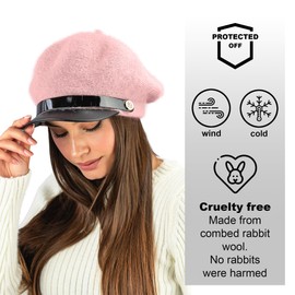 niceacsrise Pink Knit Newsboy Hats for Women - Angora Wool Chauffeur Hat with Brim - Cabbie Newsies Cap