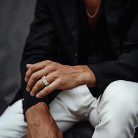 TOPGRILLZ Rings for Men - Men's 14K Gold Plated Brass, Chunky Faux Diamond Band Ring for Women, Unisex, 9mm - 2 Rows Round Cubic Zirconia Eternity (Silver,8.5)