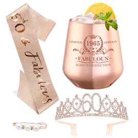 Physkoa 60th Birthday Gift Set for Women – “Vintage 1965” Rose Gold Wine Glass with Crown & Sash – 60 & Fabulous Birthday Party Gift for Her, Mom, Sister, Classy Milestone Celebration