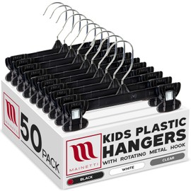 MAINETTI - 6008SMB50 Mainetti 6008 Black Plastic Children's Hangers - 50 Pack with Rotating Metal Hook and Sturdy Plastic Non-Slip Clips, Great for Pants/Skirts/Slacks/Bottoms, 8 Inch