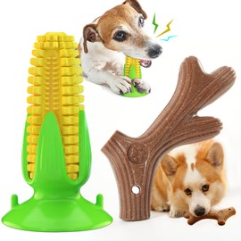 POPET Dog Chew Toys Bundle – Corn Dental Stick & Splinter-Free Antler Wood Toy, Tough Squeaky Interactive Toys for Puppies to Large Breeds, Indoor Outdoor Use