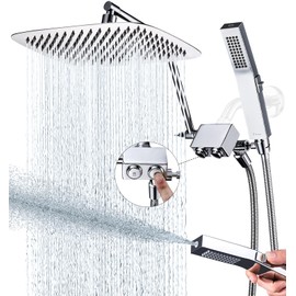 G-Promise All Metal 12 Inch Shower Head with Handheld Spray Combo，Rain Shower Head with Handheld Built-in Power Wash Mode, Adjustable Extension Arm with 4-Mode Diverter, 71 Inch Extra Long Hose
