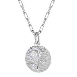 Silver Sunflower Necklaces for Women Flower Necklace Dainty Floral Embossed Pendant Round Coin Necklace Mom Necklace