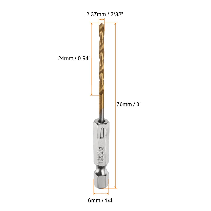 HARFINGTON 3pcs 3/32" Hex Shank Drill Bits 1/4" Titanium Drill