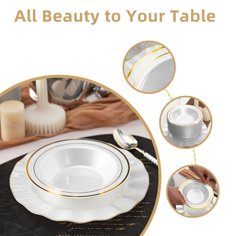 50 Pack 12oz Peal White Plastic Bowls with Gold Rim