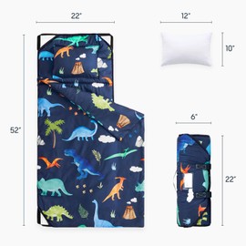 Wake In Cloud - Cot Nap Mat with Pillow and Blanket, for Toddler Kids Boys Girls in Daycare Kindergarten Preschool Pre K with Elastic Corner Straps, Cute Colorful Dinosaur, Navy Blue