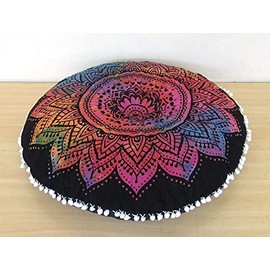 32" Mandala Large Floor Pillow Cover Rainbow Cushion Seating Throw Hippie Round Colourful Decorative Bohemian Accent Boho Chic Indian Pouf Ottoman Handmade COVER ONLY (Flower-Multicolour)