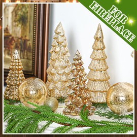 Syhood 6 Pcs Mercury Glass Christmas Tree Mercury Cracked Glass Globe with Lights Christmas Decoration Lighted Table Top Xmas Trees Figurine for Mantel Centerpieces(Gold)