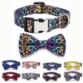 Bow Tie Collar for Dogs, Pretty Bowtie Cat Collar Durable Metal Buckle Outdoor Adjustable for Xs Small Medium Large Breed Pet Girls Boys Puppy Kitten, Colorful Leopard M