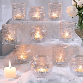 DARJEN 12Pcs Clear Votive Candle Holders - Glass Tea Light Candle Holder, Clear Votives, Embossed Candle Votives for Wedding Centerpiece & Home Decoration