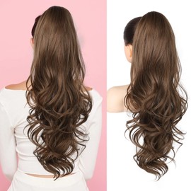Flufymooz 26" Ponytail Extension, Long Wavy Curly Claw Clip in Ponytail Hair Extensions, Natural Synthetic Hairpiece for Women Daily Wear(Medium Brown with Medium Auburn)